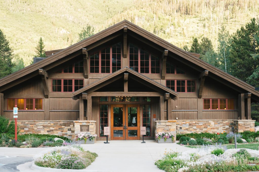 Exterior of Donovan Pavilion in Vail Colorado. The perfect setting for a laid back mountain formal wedding.